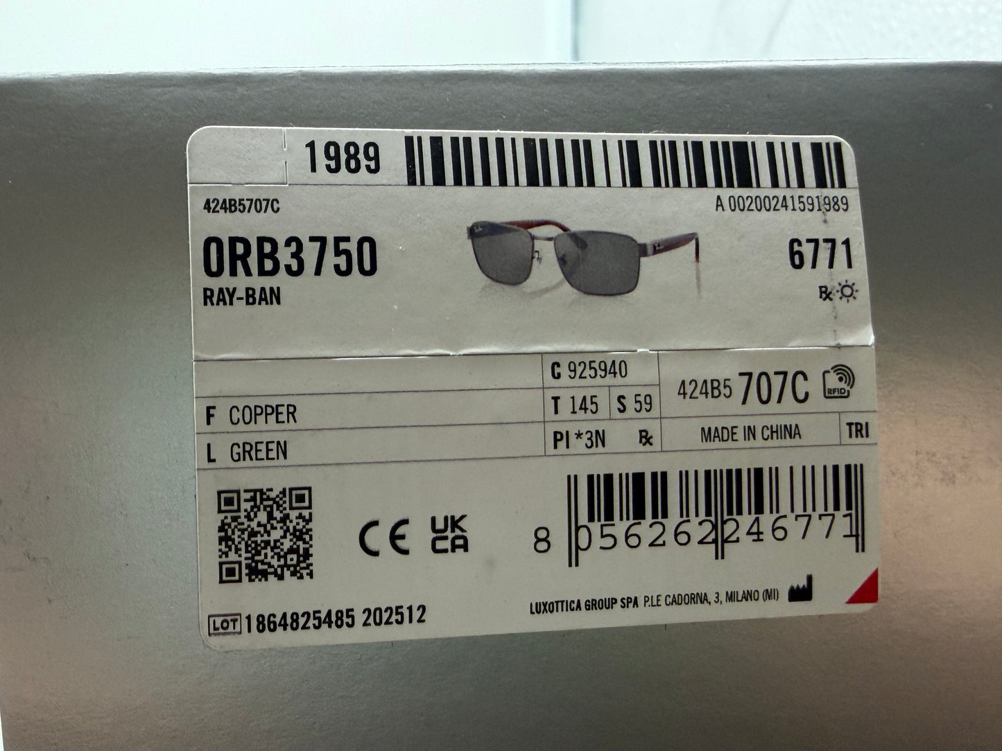 Ray-Ban RB 3750 59mm Copper / Silver Mirror Green Glass Lens 9259 / 40 NEW
