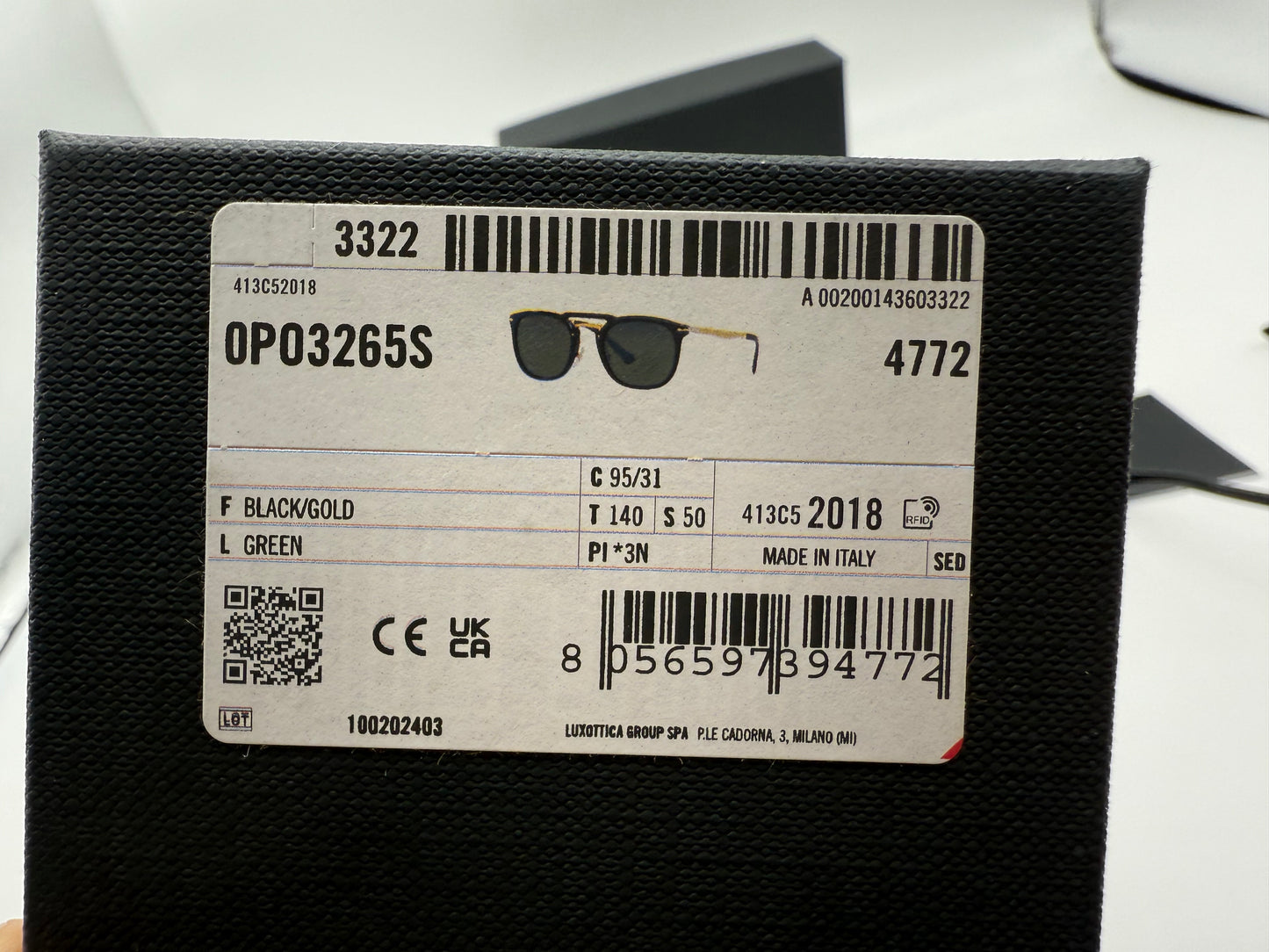 Persol OV 3265 50mm 95 / 31 Black Gold / Green Glass Lens Italy Open Box