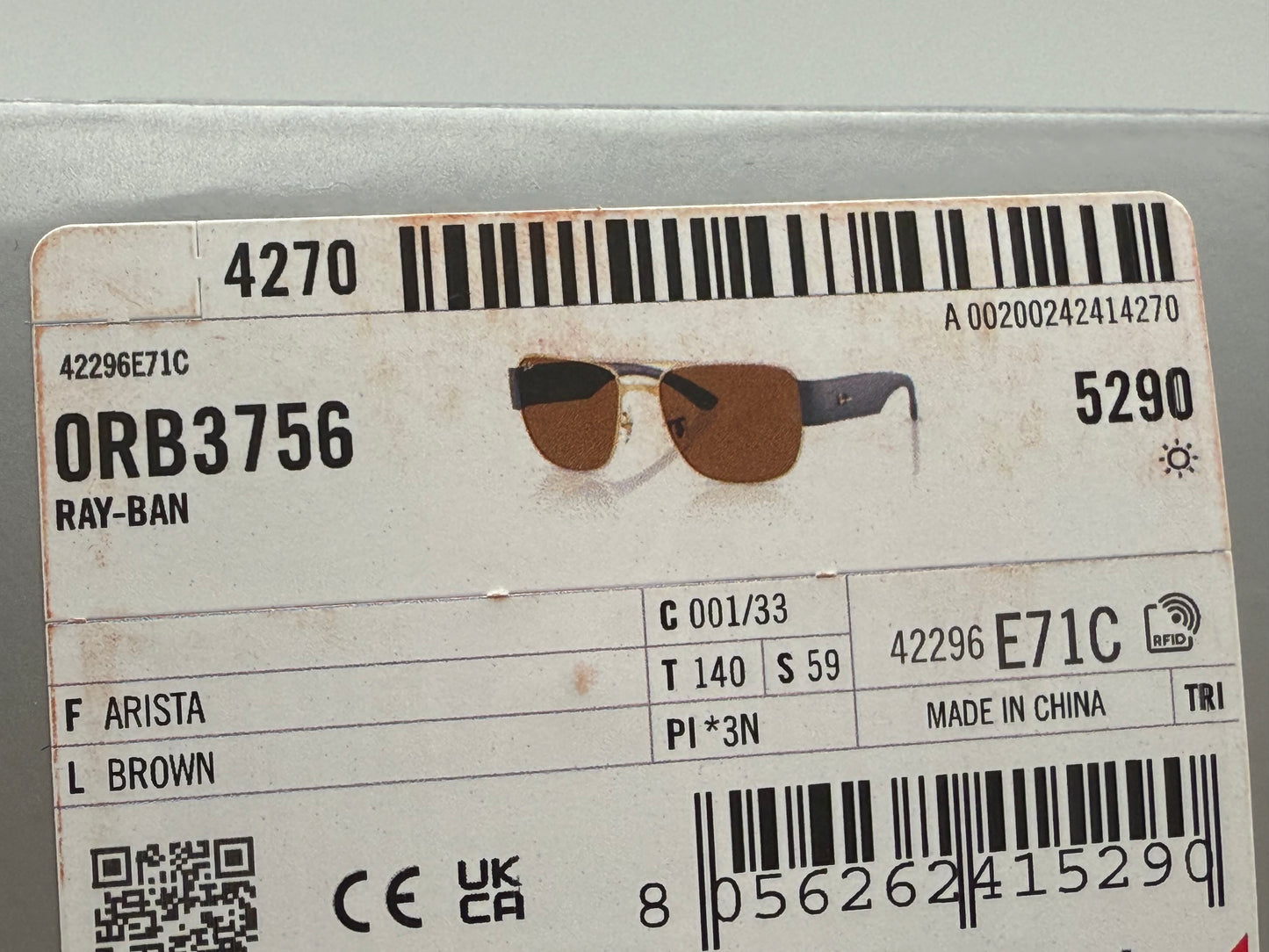 Ray-Ban RB 3756 59mm Gold Brown / B 15 001 / 33 NEW