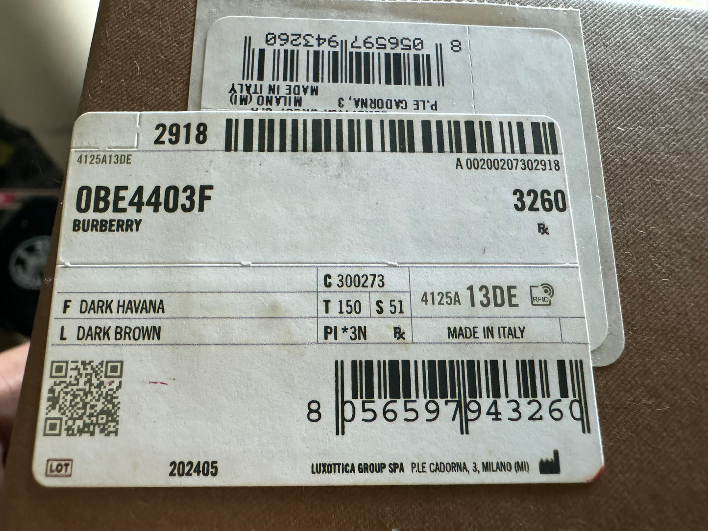 Burberry BE 4403 F 51mm Dark Havana / Dark Brown 300273 Italy Open Box