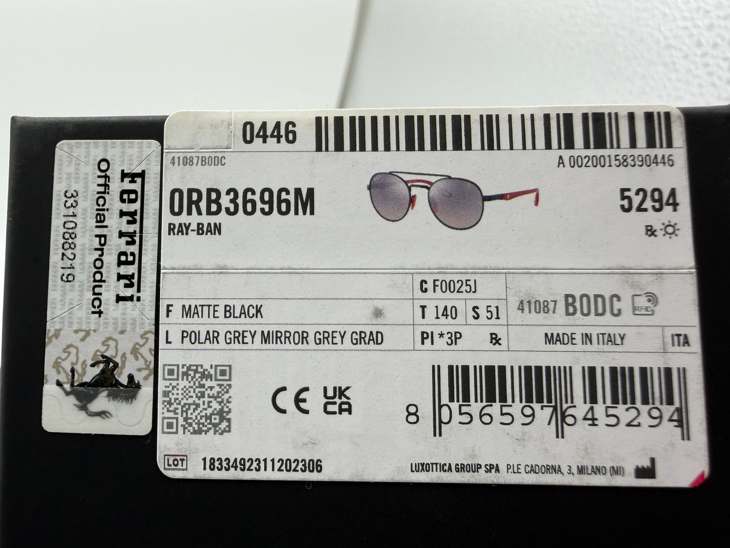 Ray-Ban RB 3696 51mm Ferrari Matte black / red - Polarized Gray mirror gradient F0025J Italy NEW