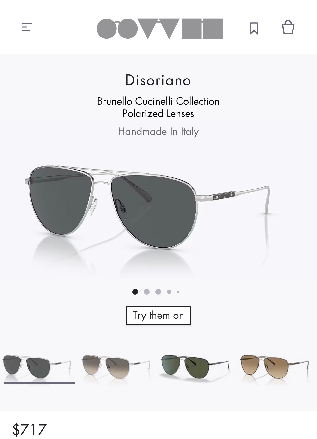 Oliver Peoples Brunello Cucinelli Disoriano 58mm Silver / Midnight Express Polarized OV 1301S 5036P2 Polarized Italy Preowned