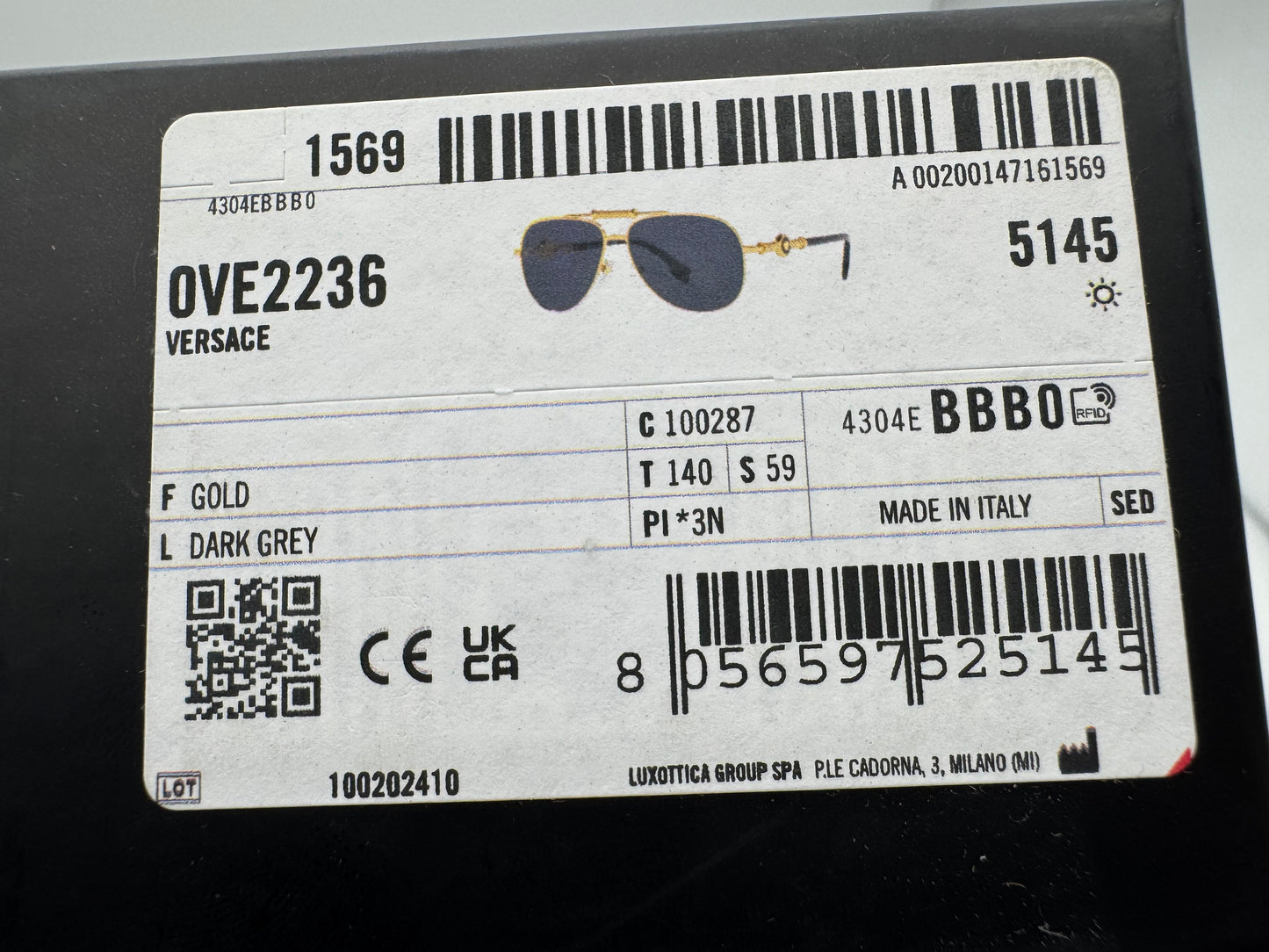 Versace VE 2236 59mm Gold / Dark Gray 100287 Italy
