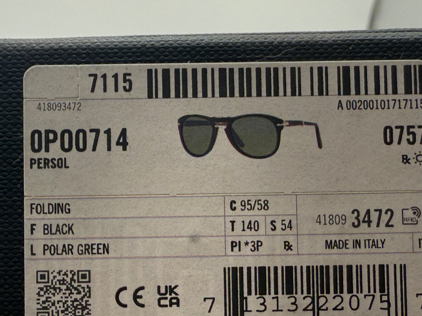 Persol PO 714 54mm Original Folding Black / Green Polarized 95 58 Italy NEW