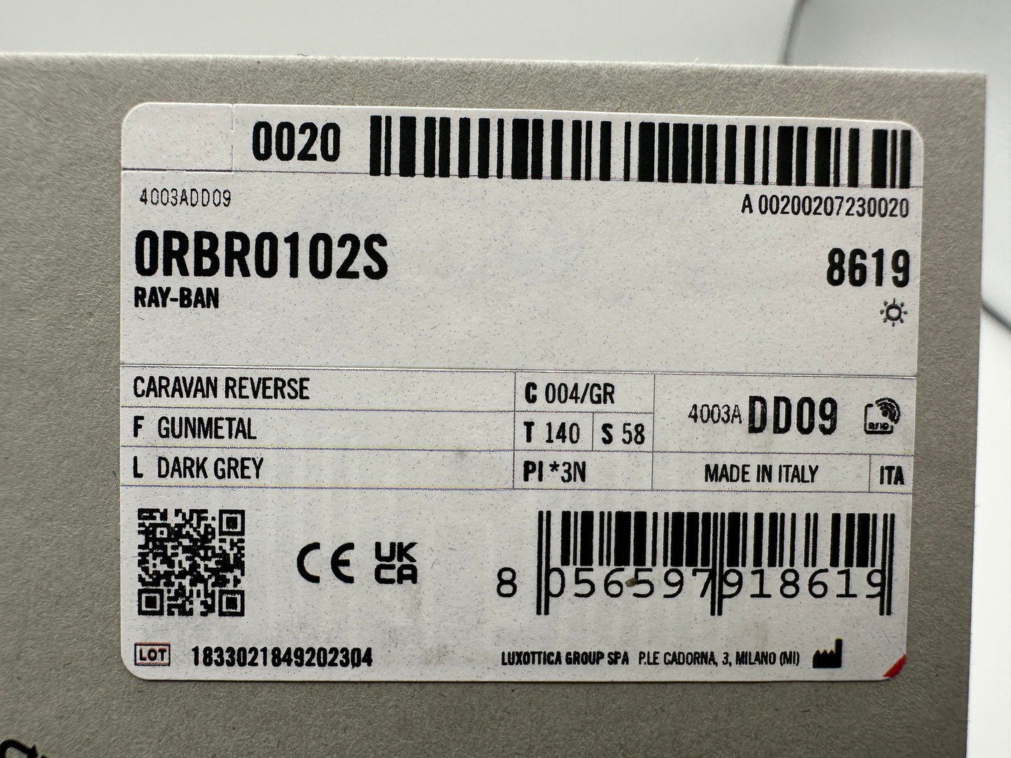 Ray-Ban Caravan Reverse 58mm RBR 0102S Gunmetal /Dark Gray made in Italy NEW