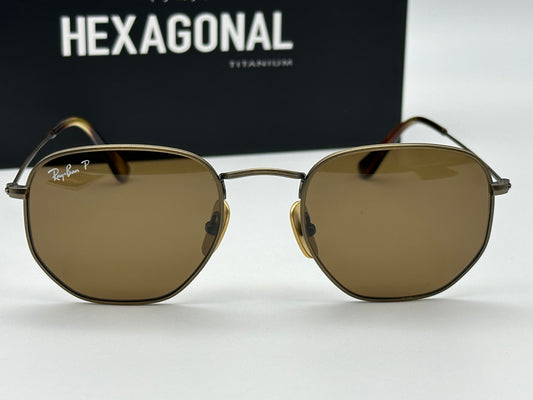 Ray-Ban Hexagonal Titanium RB 8148 51mm Antique Gold Brown Polarized Made in Japan
