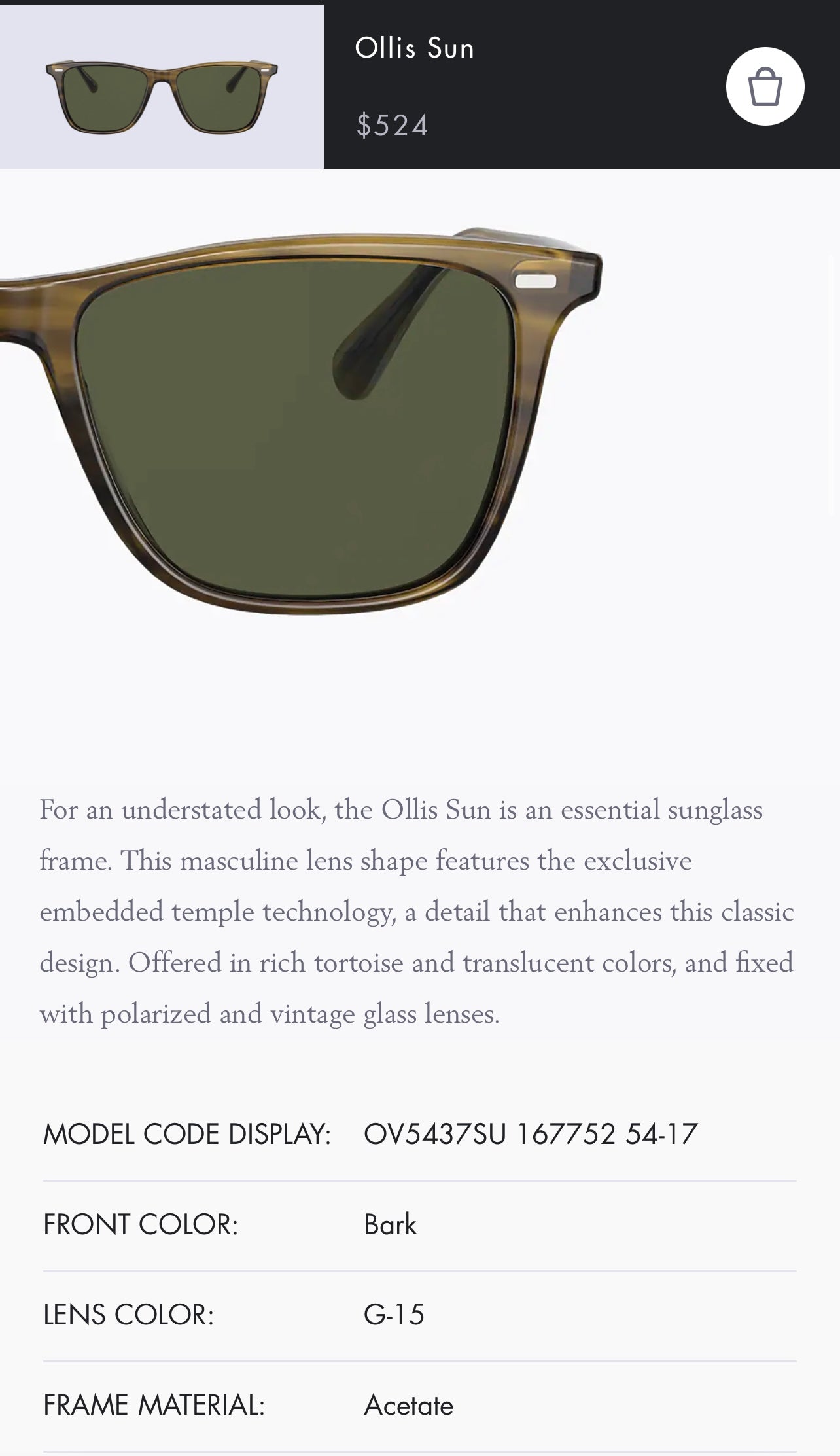 Oliver Peoples Ollis Sun OV5437SU 167752 51mm Bark G15