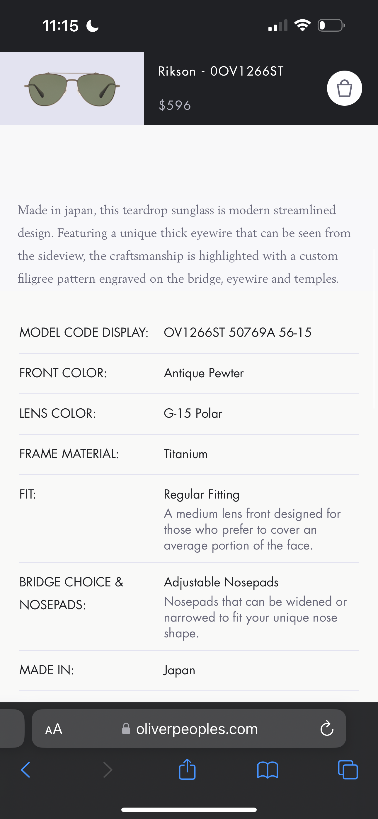 Oliver Peoples RIKSON OV 1266ST Antique Pewter/G-15 Polarized (50769A) Sunglasses