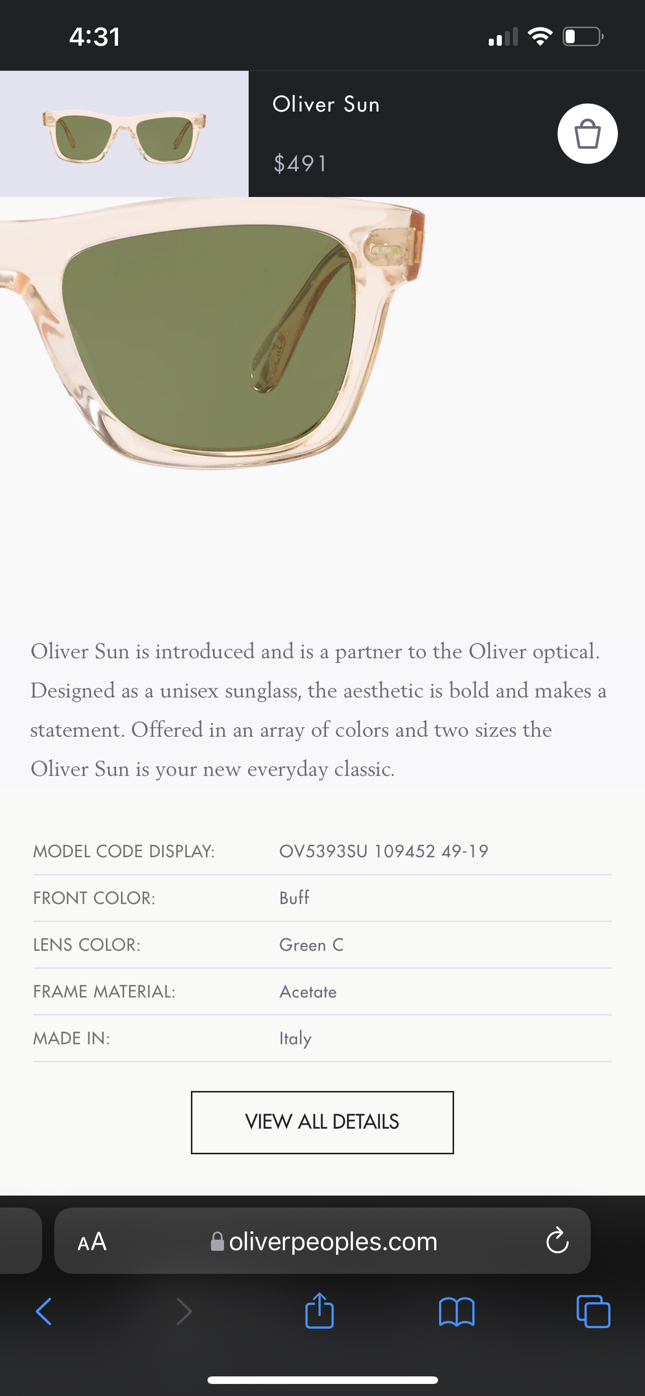 Oliver Peoples Oliver Sun OV 5393SU 109452 Buff / Green Glass lenses 54mm