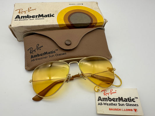 Bausch & Lomb Ray Ban 58-14 Aviator Gold Ambermatic Vintage 1970s NOS READ