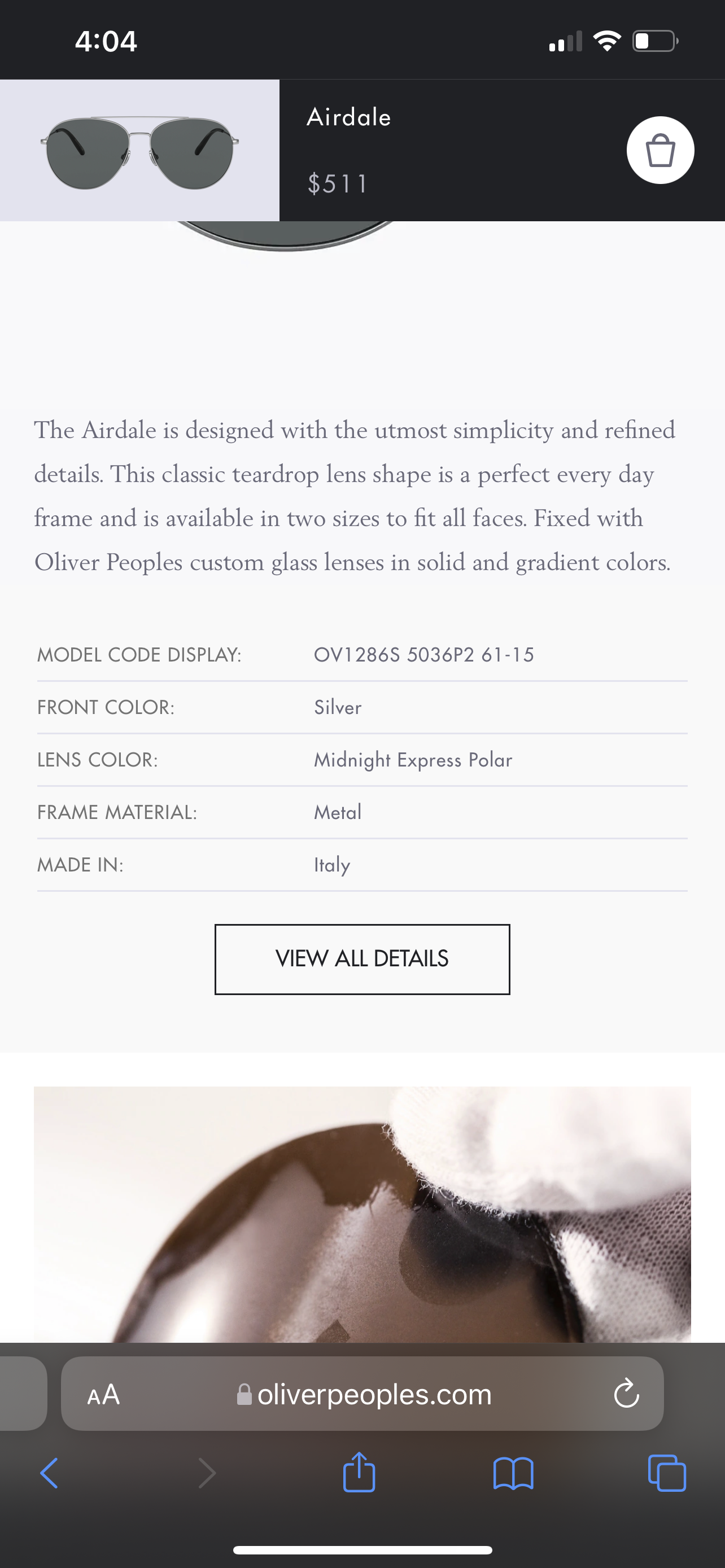 OLIVER PEOPLES Airdale Aviator 58mm in Midnight Express Polarized MSRP $511