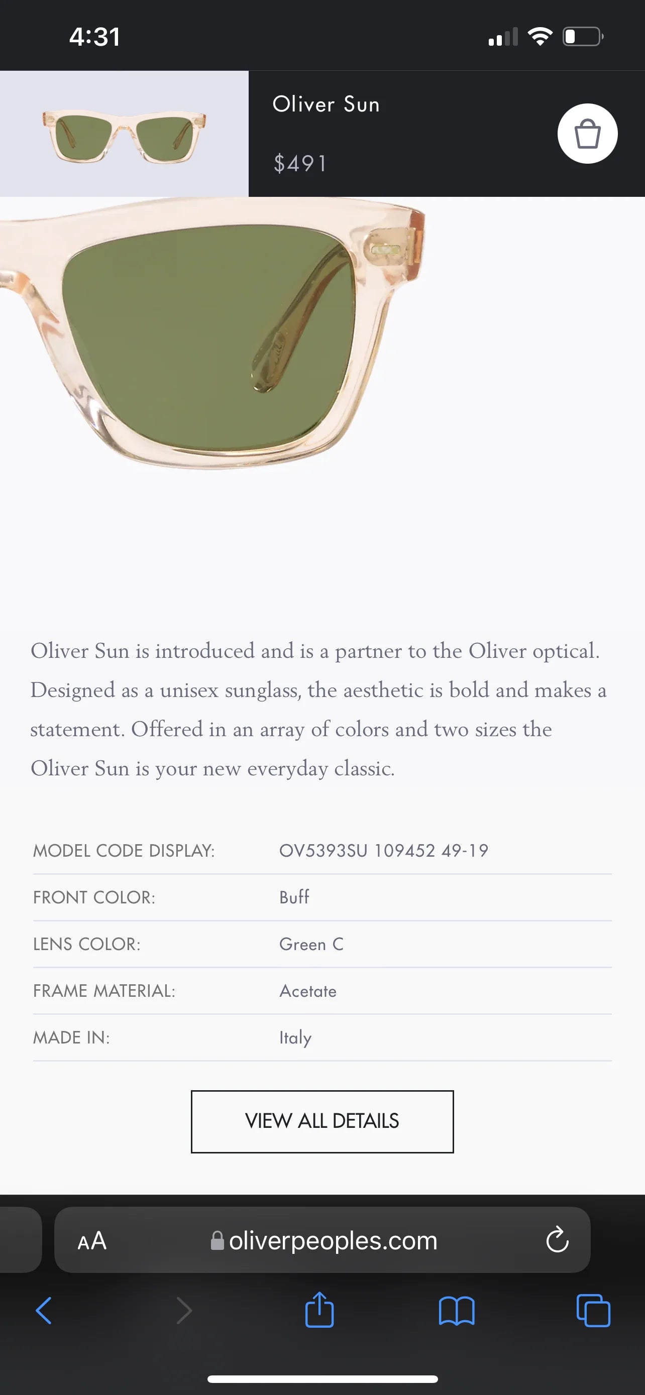 New Oliver Peoples Oliver Sun OV 5393SU 109452 Buff / Green Glass lenses 49mm