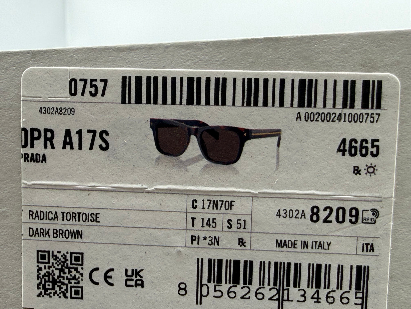 Prada PR A17s 51mm Wayfarer Radica Tortoise/ Dark Brown Glass Lens Italy NEW