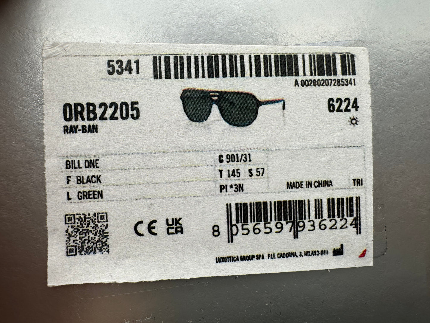 Ray-Ban Bill One RB 2205 Black G-15 57mm 901/31 NEW