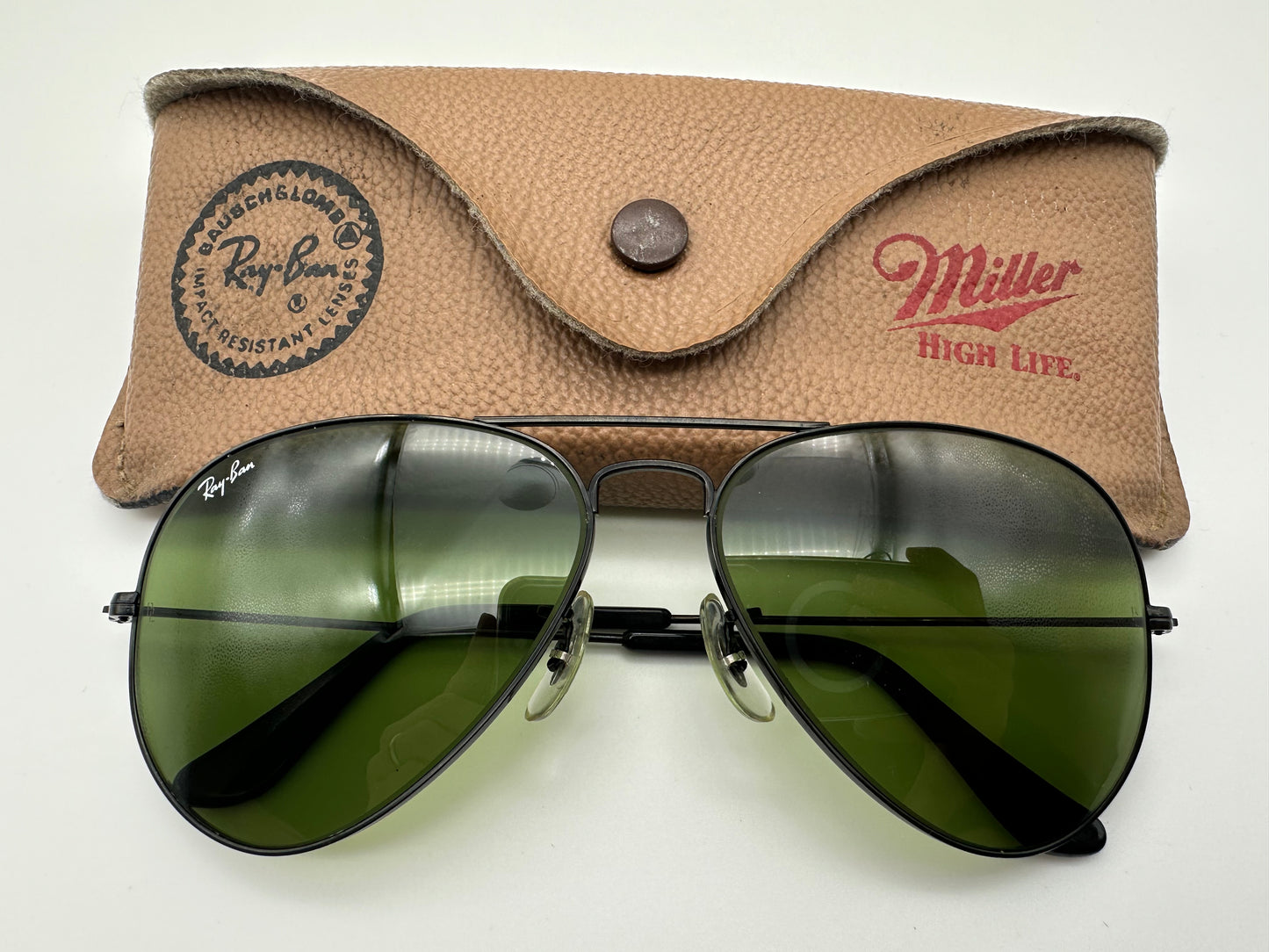Vintage Ray Ban Aviator Miller High Life B&L 58mm RB 3 Green Lens Black Frames Preowned
