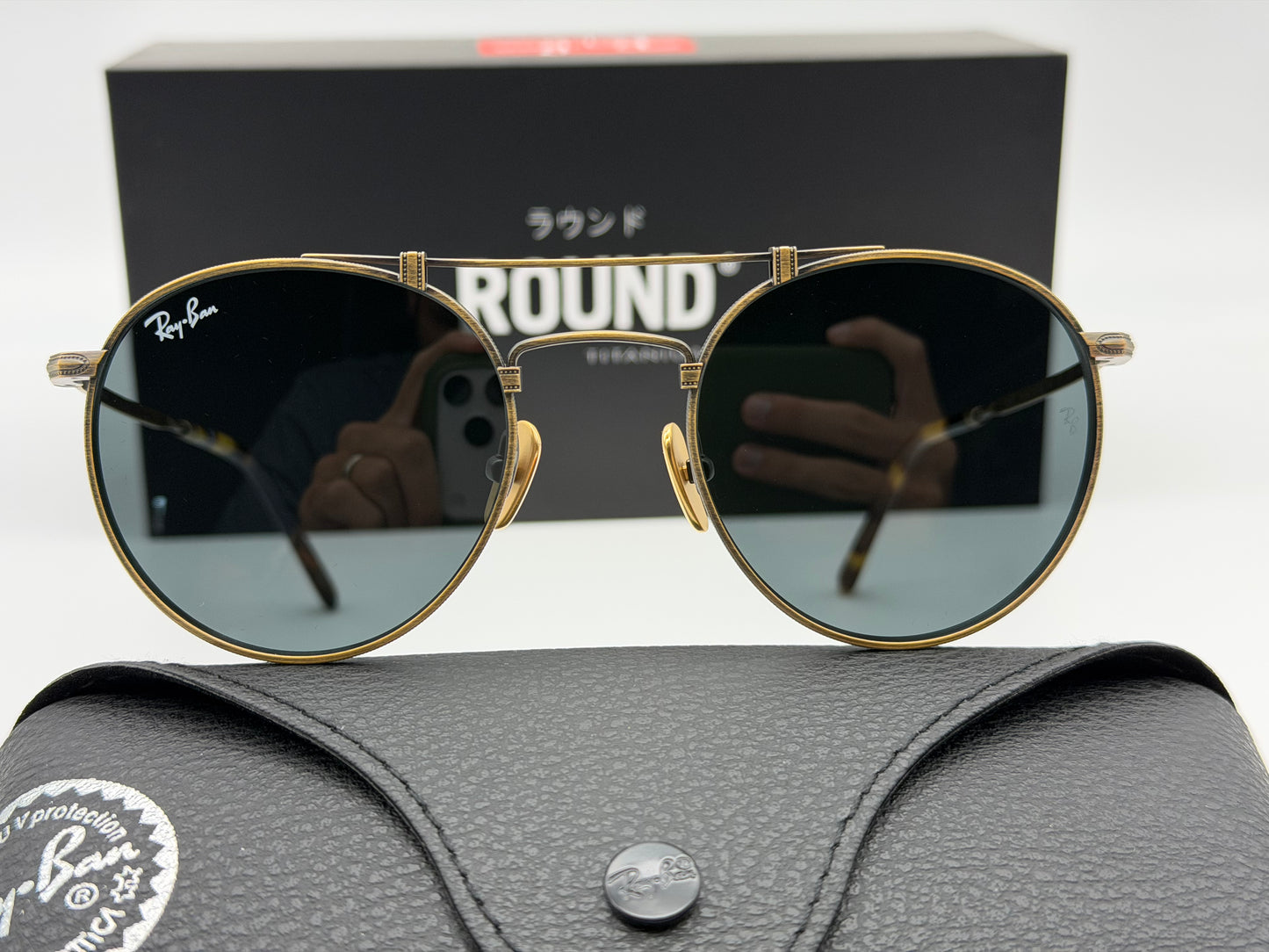 Ray-Ban Round Double Bridge Titanium 50mm Antique Gold / Gray RB 8147 913757 Japan NEW