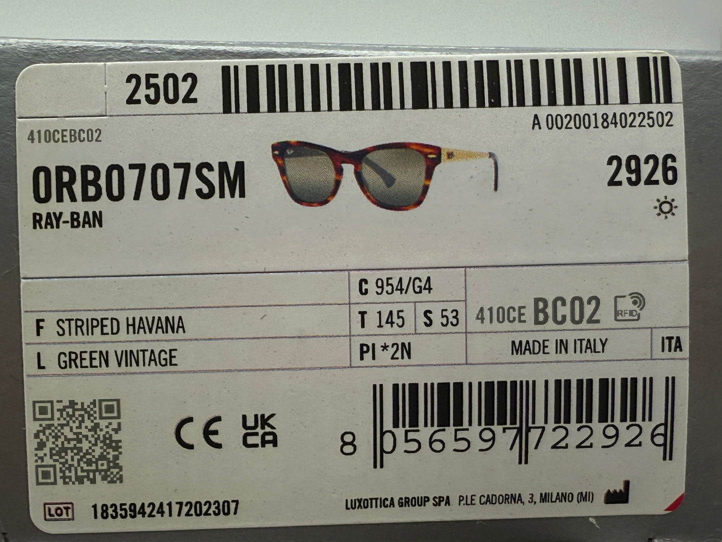 Ray-Ban RB 0707 SM 53mm Stripped Havana / Green Vintage 954 / G4 Italy NEW
