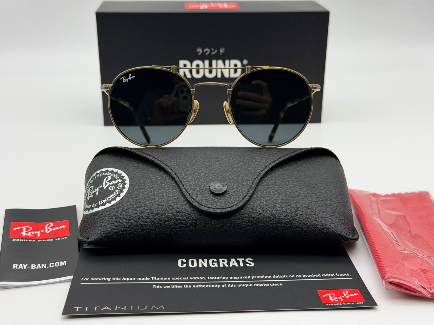 Ray-Ban Round Double Bridge Titanium 50mm Antique Gold / Gray RB 8147 913757 Japan NEW
