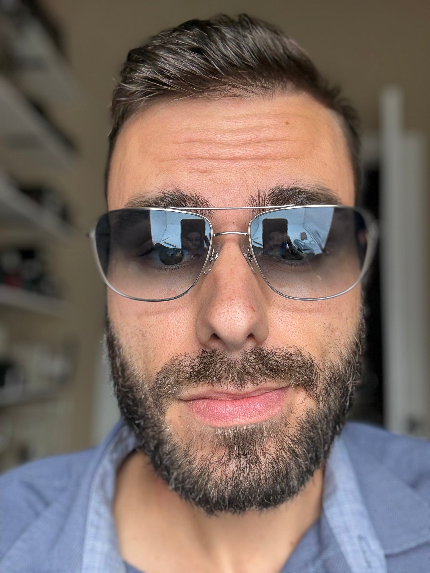 Oliver Peoples Shaefer VFX POLARIZED 55mm OV 1146 ST 504/7C Titanium Silver With Additional Blue Photochromic Lenses PREOWNED