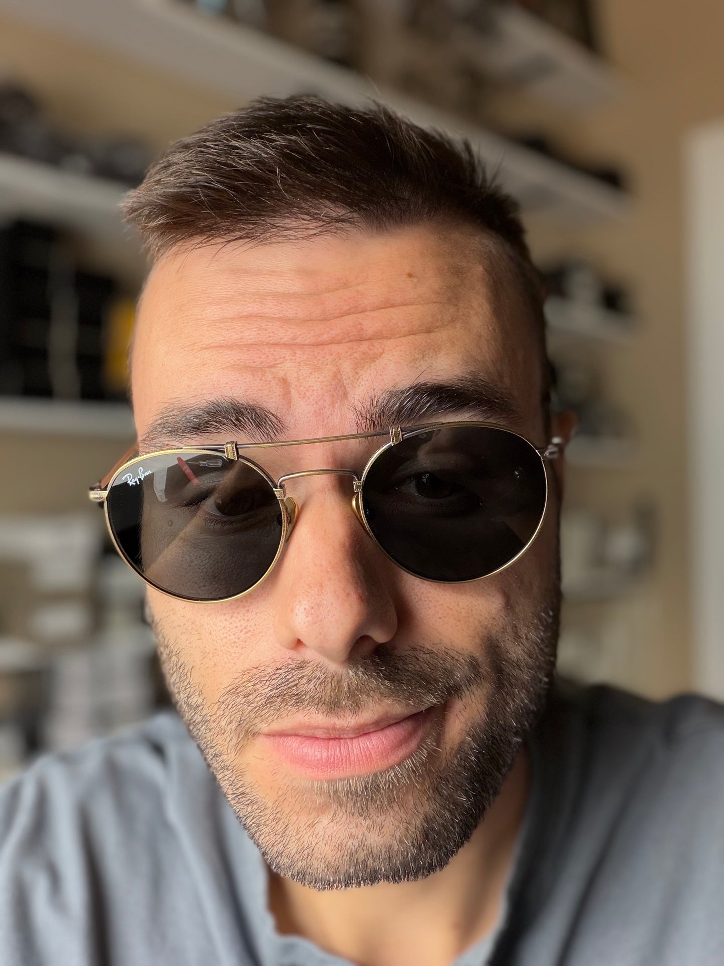 Ray-Ban Round Double Bridge Titanium 50mm Antique Gold / Gray RB 8147 913757 Japan NEW