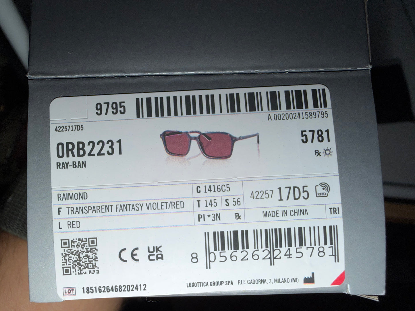 Ray-Ban Raimond 56mm RB 2231 Transparent Fantasy Violet Red / Red Crystal NEW