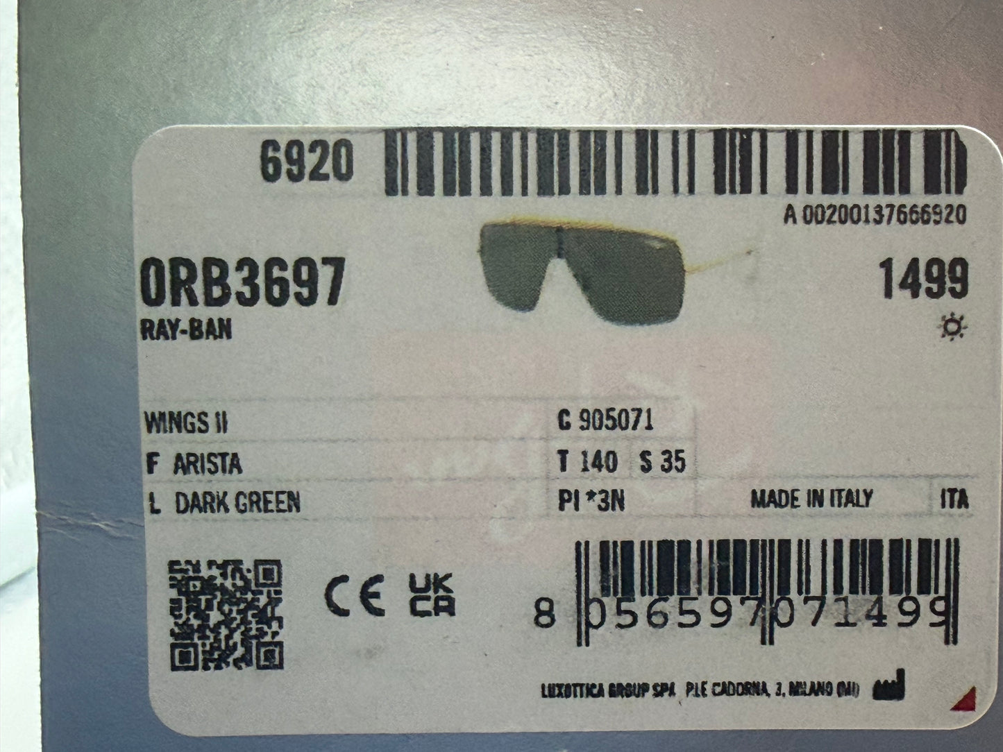 Ray-Ban Wings II RB 3697 Gold / Dark Green 905 / 071 Itlay NEW