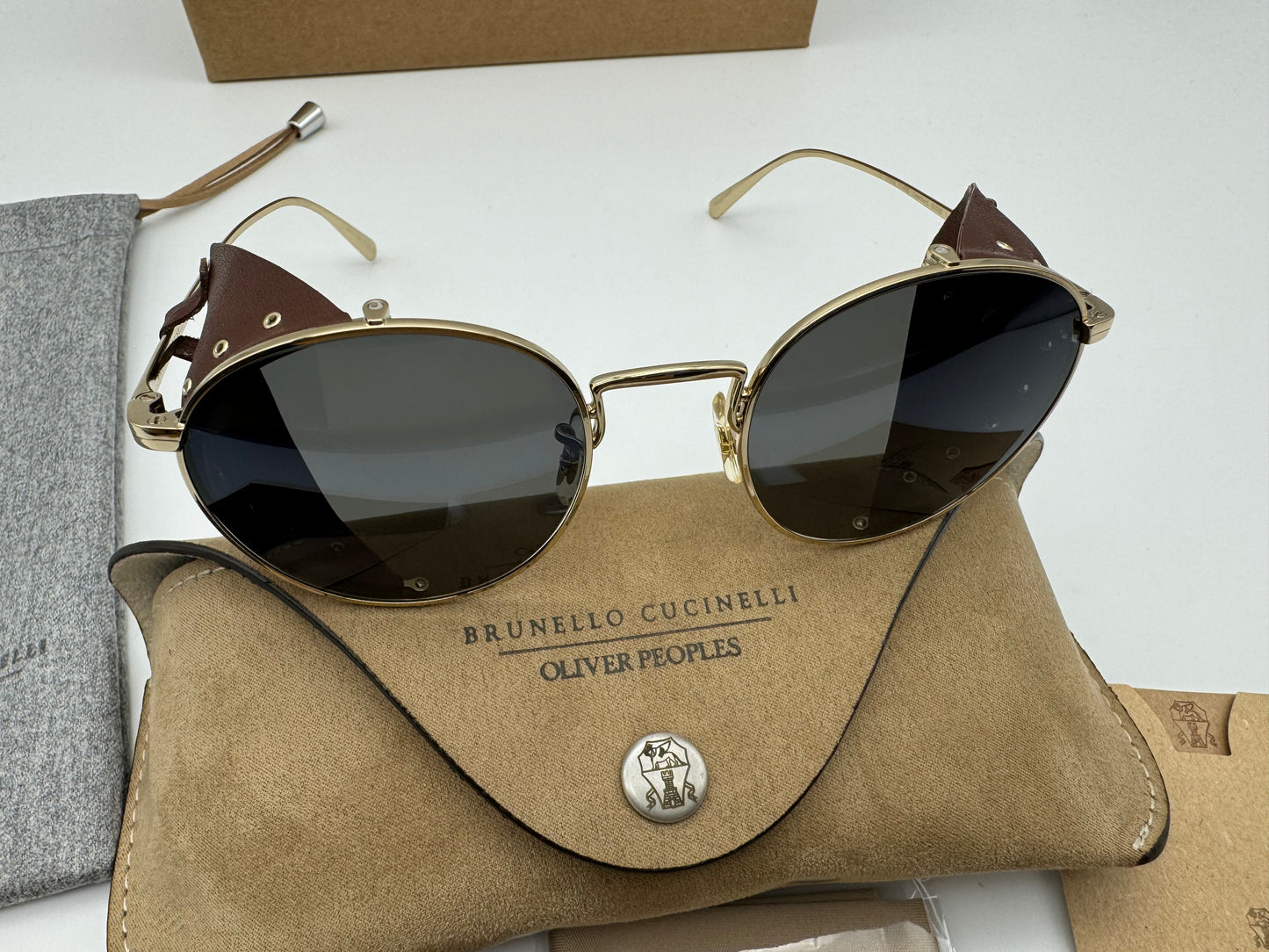 Oliver Peoples Brunello Cucinelli Cesarino - L OV 1323 SM Gold / Sequoia Leather Carbon Gray Glass Italy NEW