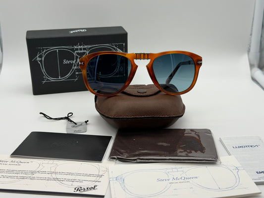 PERSOL PO 714 SM 52mm Light Havana / Polarized Blue Crystal Lens 96/S3 Italy NOS