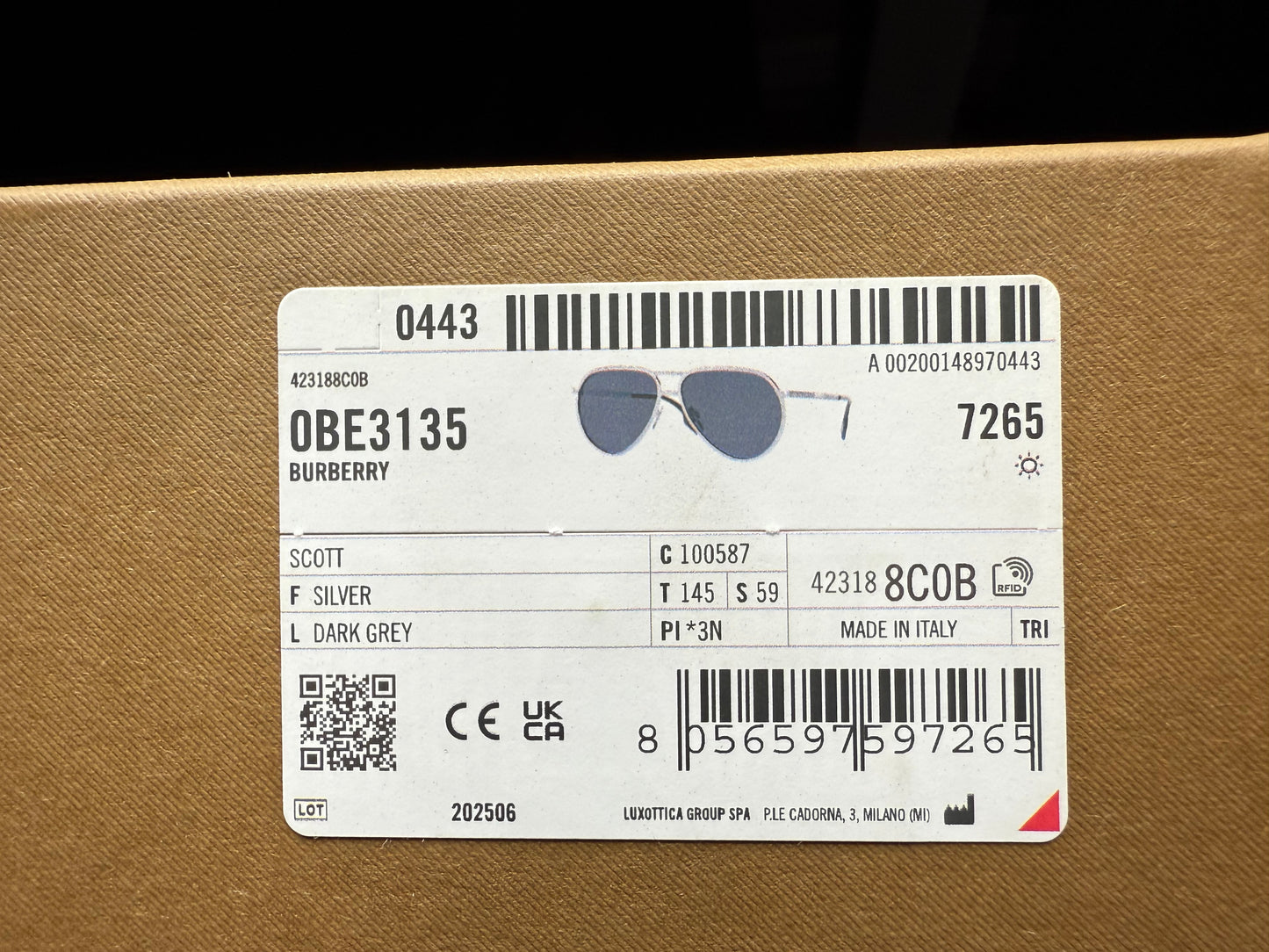 Burberry Scott Aviator 59mm BE3135 Silver / Dark Gray 100587 Itlay new