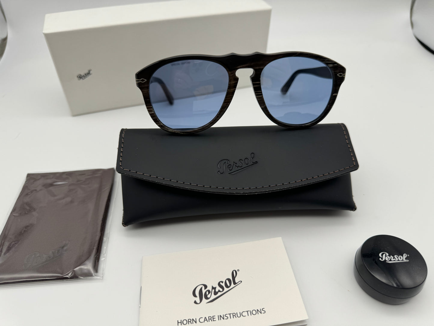 Persol PO 649 CO 54mm Genuine Horn Special Edition Black Striped White Light Blue Mirror Silver Italy
