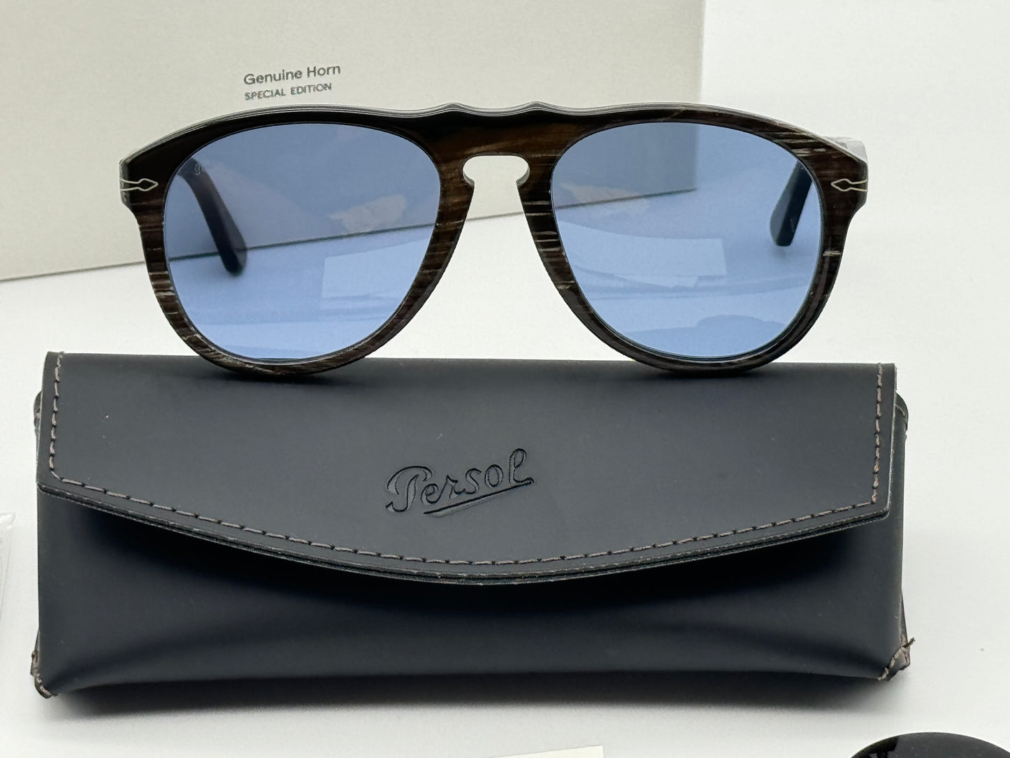 Persol PO 649 CO 54mm Genuine Horn Special Edition Black Striped White Light Blue Mirror Silver Italy