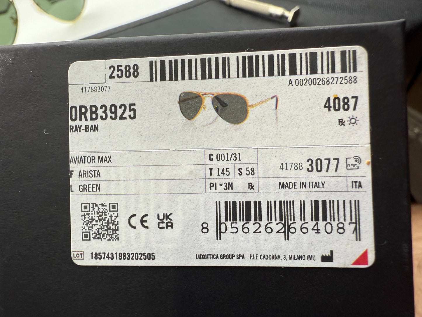 Ray-Ban Aviator Max 58mm Gold / G 15 001 / 31 Italy NEW