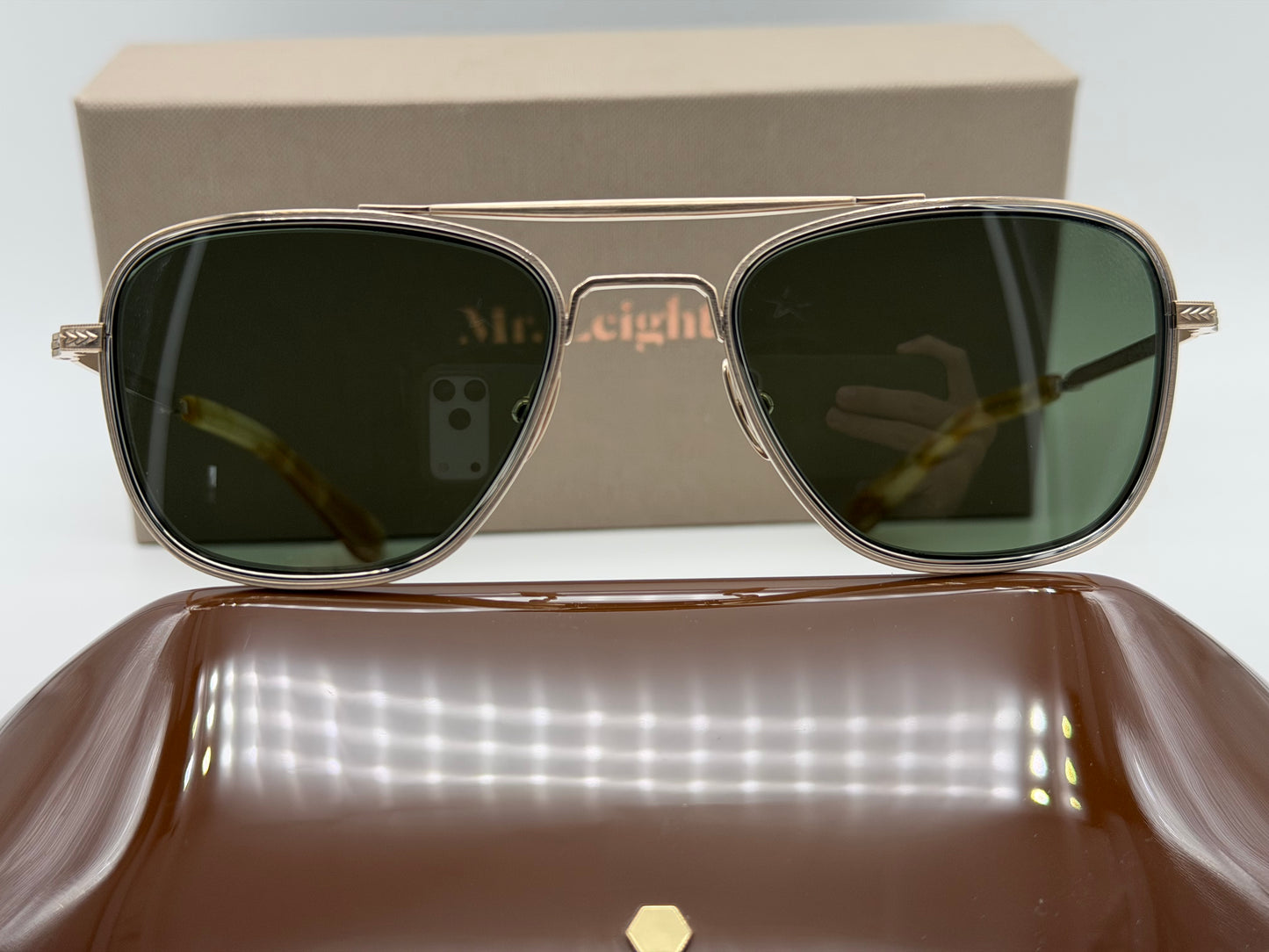 Mr. Leight Navigator S 51mm Brushed 12K White Gold-Platinum-Spotted Honey G15 Glass Polarized Japan