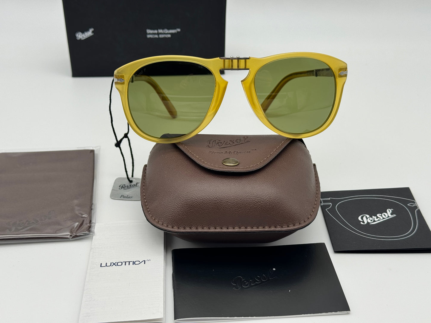 Persol PO 714 SM 54mm Steve McQueen Opal Yellow / Polarized Green 204 / P1 Italy NEW