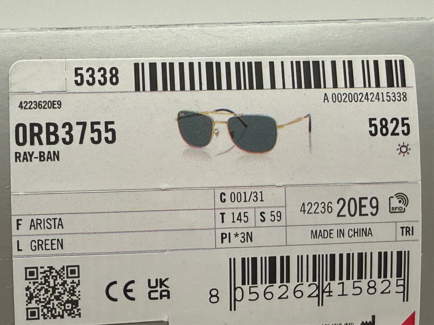Ray-Ban RB 3755 59mm Gold / G-15 Glass 001/31 NEW