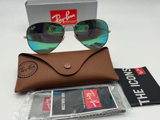 Ray Ban Aviator Flash 58mm RB 3025 Matte Gold Green Flash Italy NEW