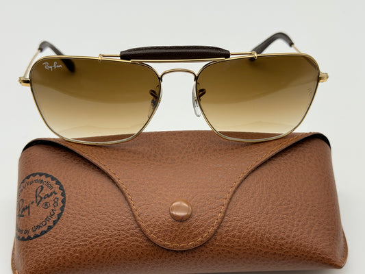 Ray-Ban Caravan Leather 58mm Gold Leather / Brown Gradient RB 3415 Q 001 / 51 Italy Preowned