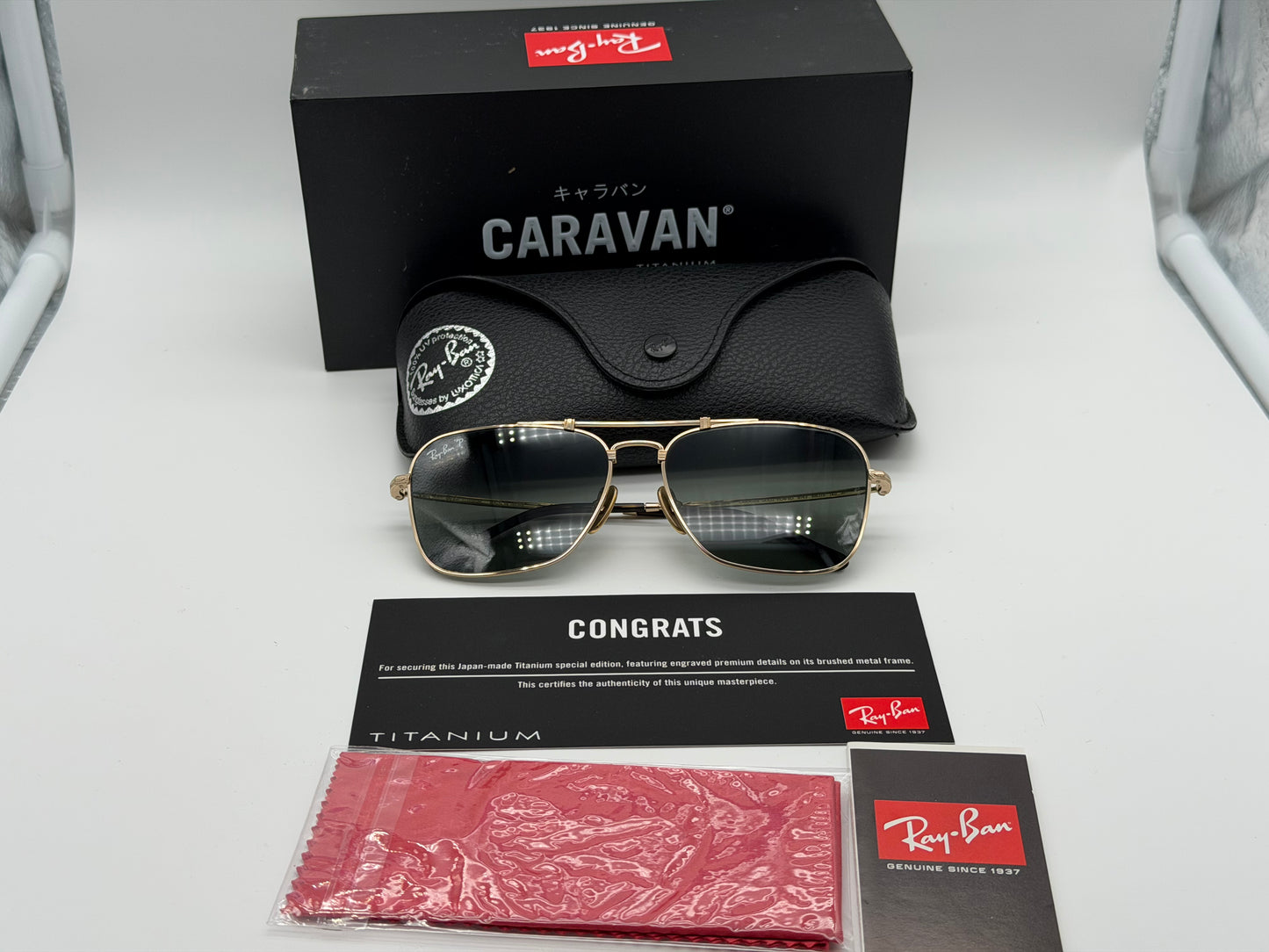 Ray-Ban Caravan Titanium 58mm 23K Gold Plated Frames / Polarized Glass Lens RB 8136 9143 Made in Japan NEW