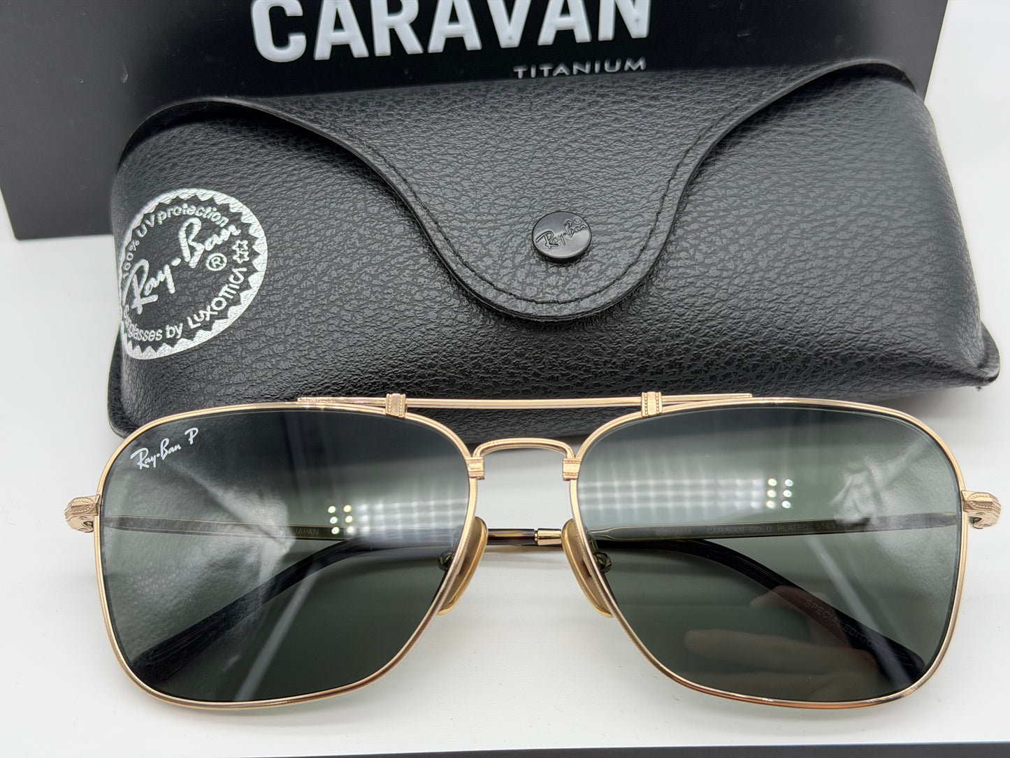 Ray-Ban Caravan Titanium 58mm 23K Gold Plated Frames / Polarized Glass Lens RB 8136 9143 Made in Japan NEW