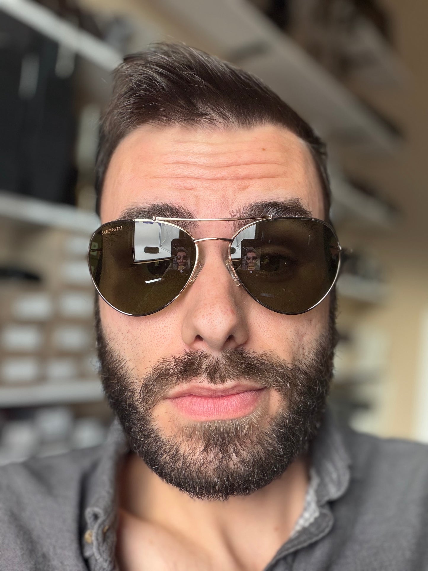 Serengeti Pete 58mm SS 599005 Polarized 555nm Photochromic Lens  Shiny Light Gold / Shiny Havana Tips Italy NEW