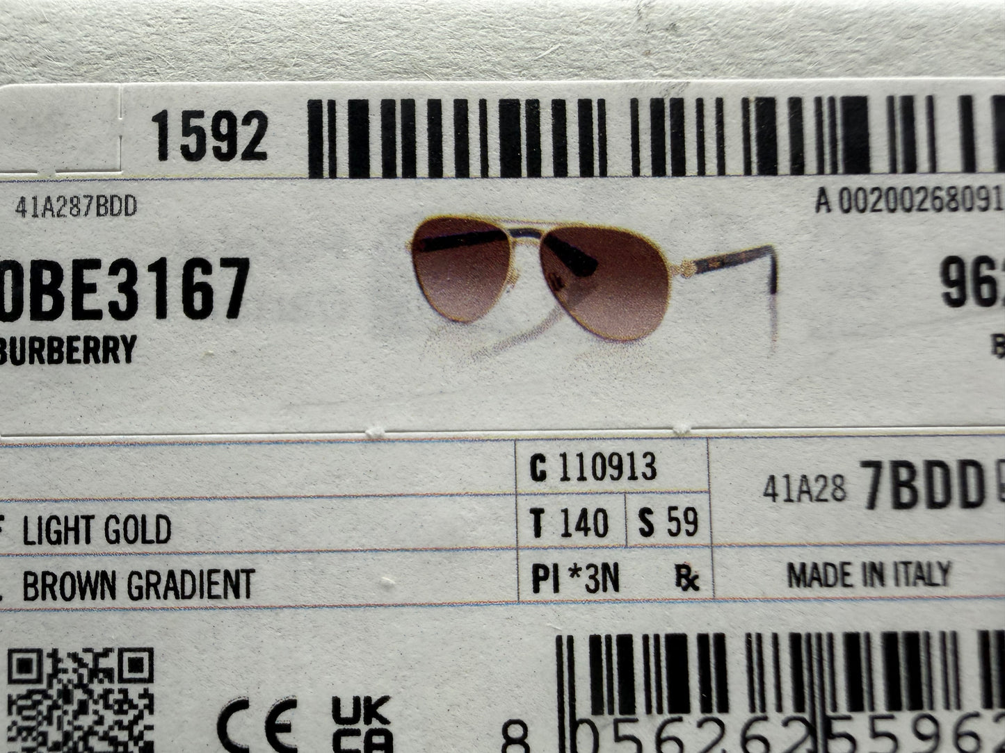 Burberry BE 3167 59mm Light Gold / Brown Gradient 110913 Italy NEW