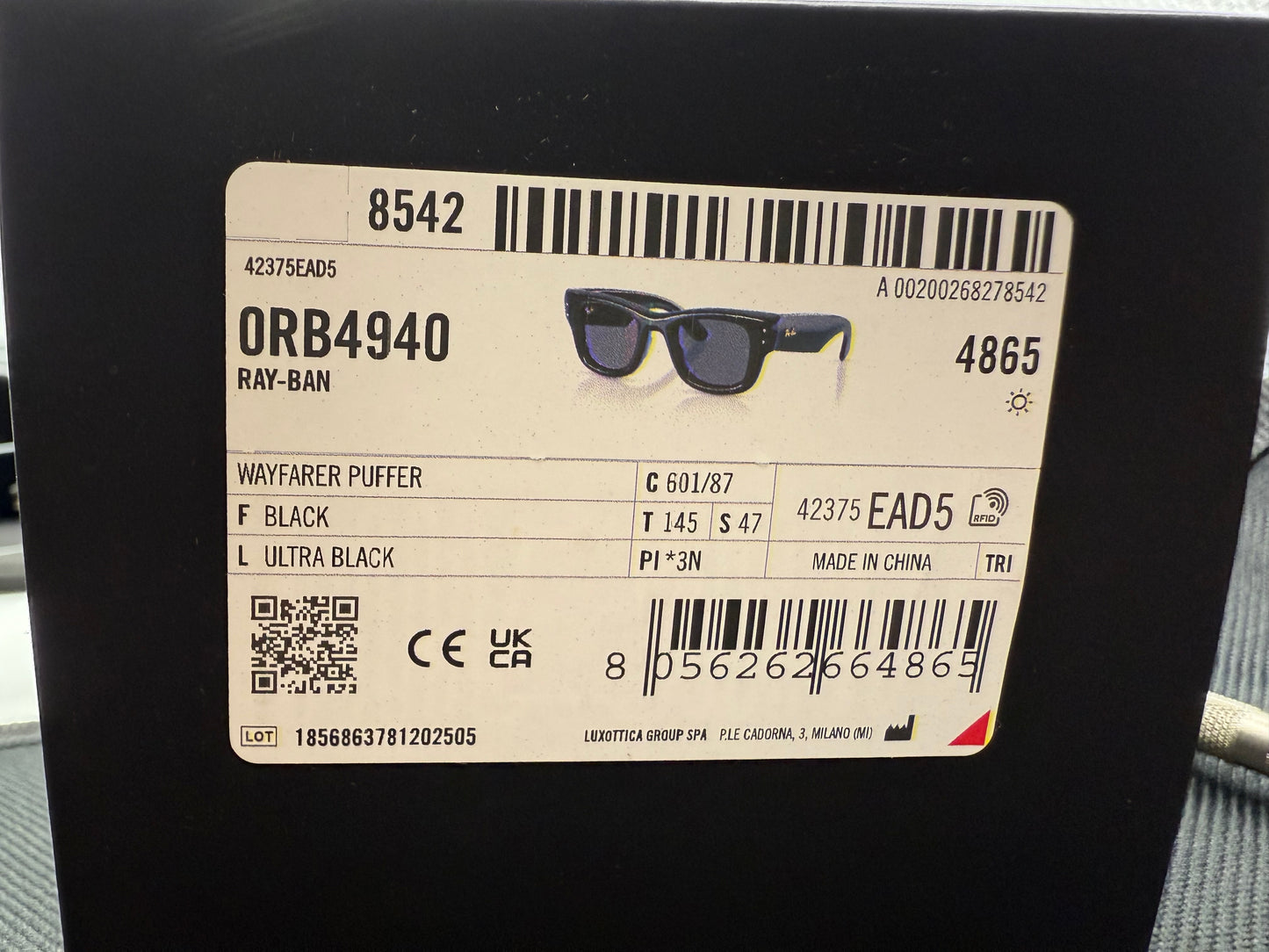 Ray-Ban Wayfarer Puffer ASAP Rocky 47mm Black / Ultra Black 601 / 87 NEW