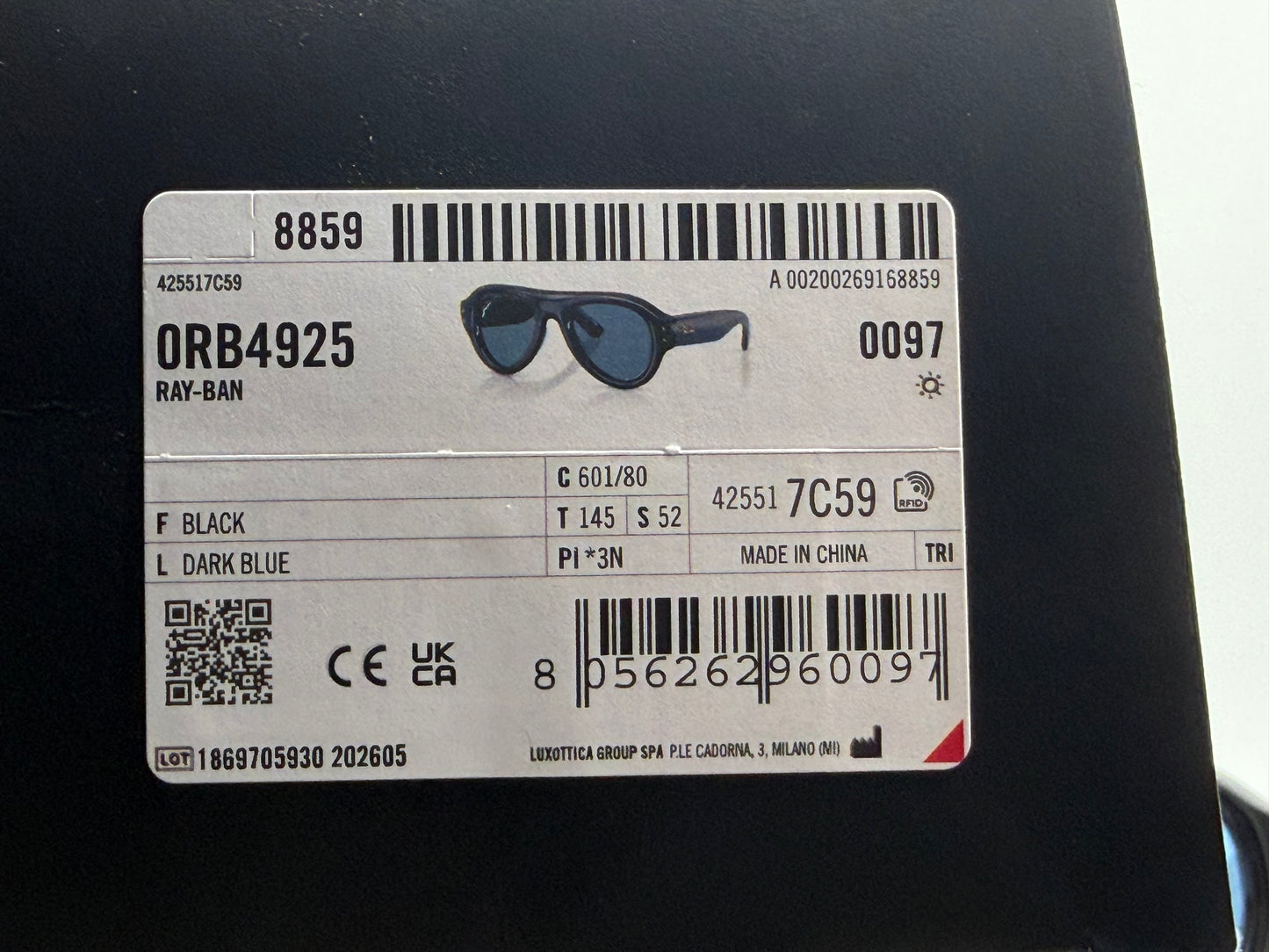 Ray-Ban A$AP Rocky Aviator Puffer 52mm Polished Black / Dark Blue RB 4925 601 / 80 Open Box