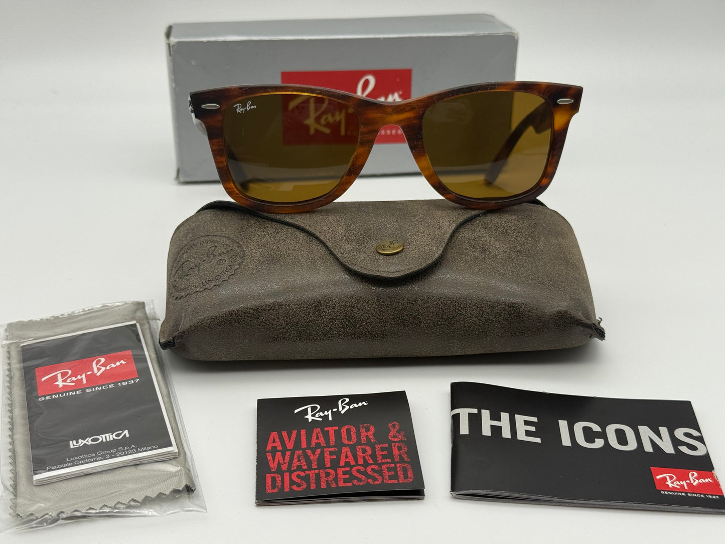 Ray-Ban Original Wayfarer 52mm Distressed Stripped Havana / B 15 Glass Lens RB 2140 F Low Bridge Italy NEW