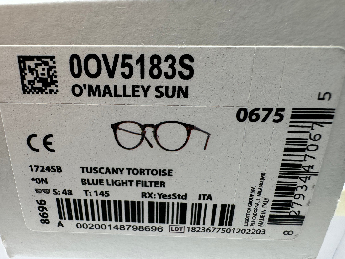 Oliver Peoples O’Malley 48mm OV 5183 Blue Light Blocking / Tuscany Tortoise 1724SB Italy NEW