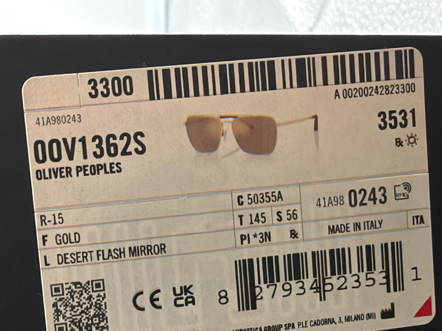 Oliver Peoples R-15 56mm Gold / Desert Flash Mirror OV 1362S 50355S Italy NEW