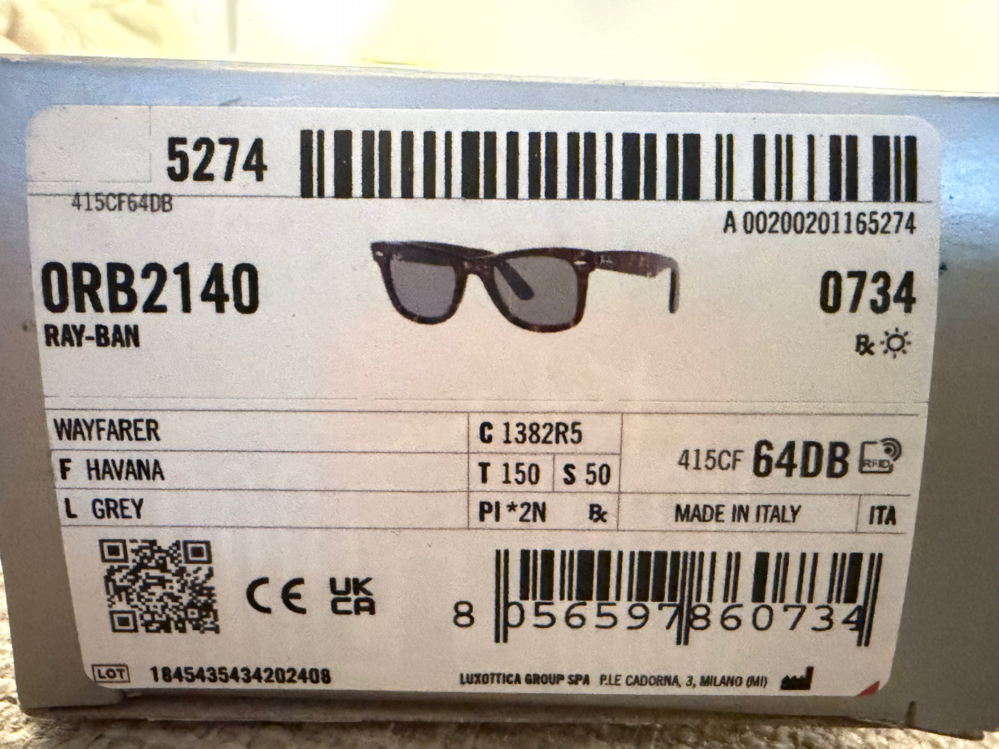 Ray-Ban Original Wayfarer 50mm RB 2140 Havana / Gray Glass Lens 1382R5 Italy NEW