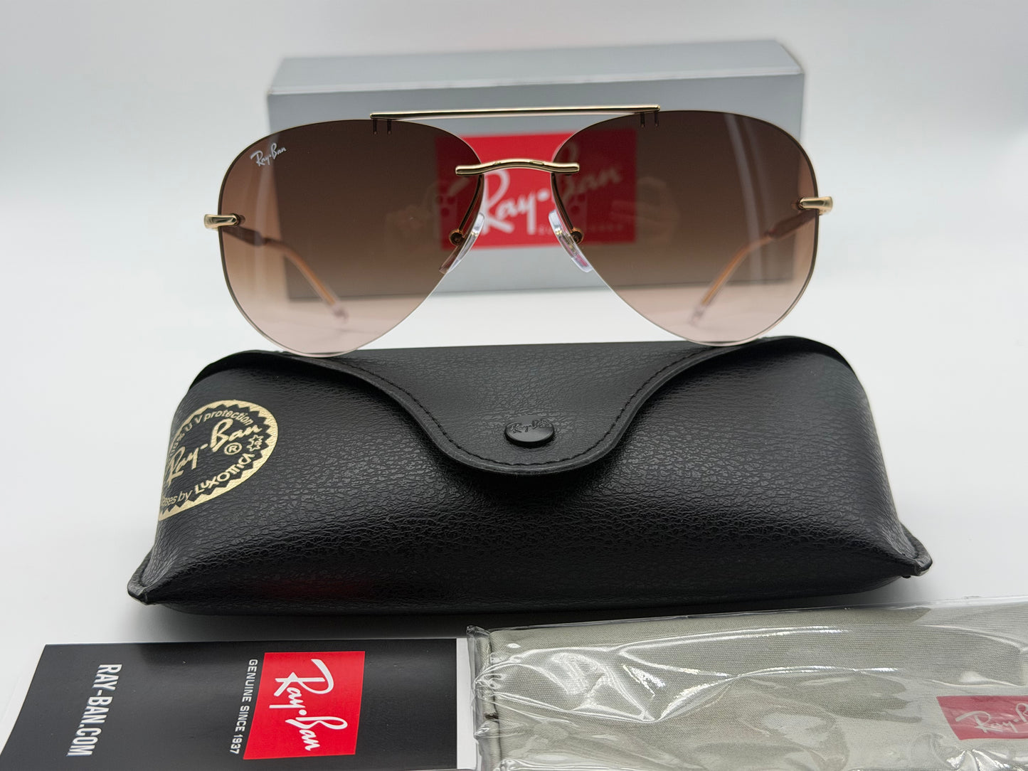 Ray-Ban RB 3791 59mm Rimless Aviator Brown Gradient / Gold 001/13 NEW