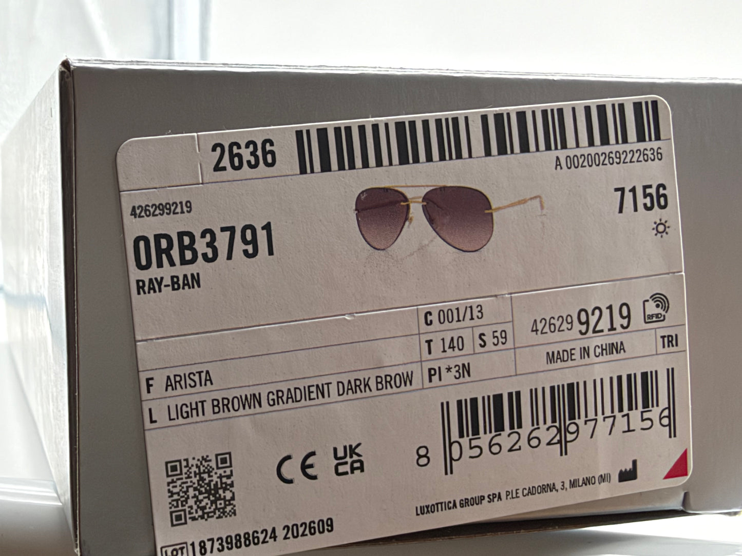 Ray-Ban RB 3791 59mm Rimless Aviator Brown Gradient / Gold 001/13 NEW