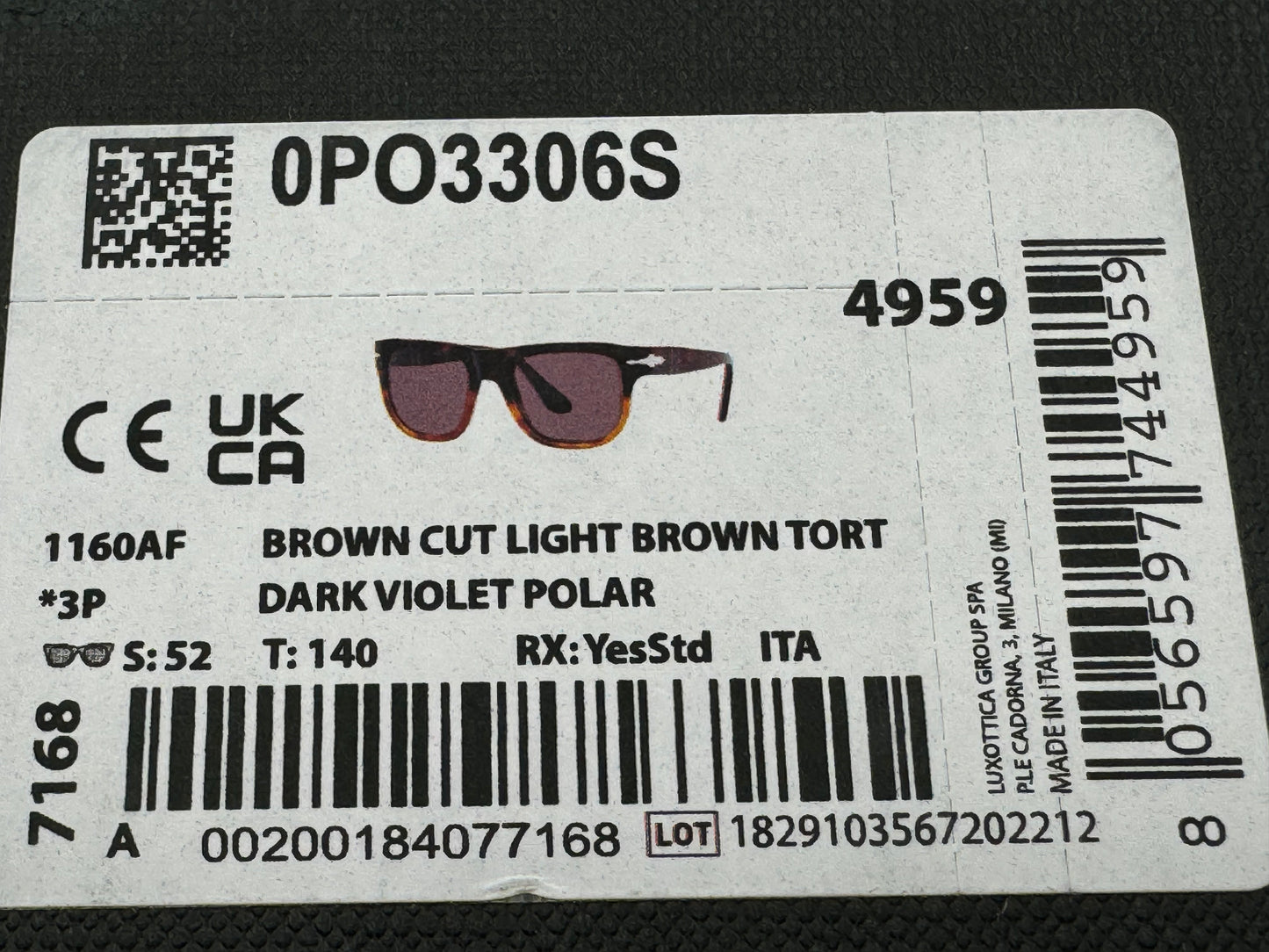 Persol PO 3306s 52mm 1160AF Brown Cut Light Brown Tortoise/ Dark Violet Polarized Openbox